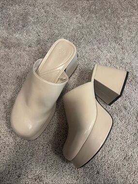 Zara Beige Platform Block Heel Mules